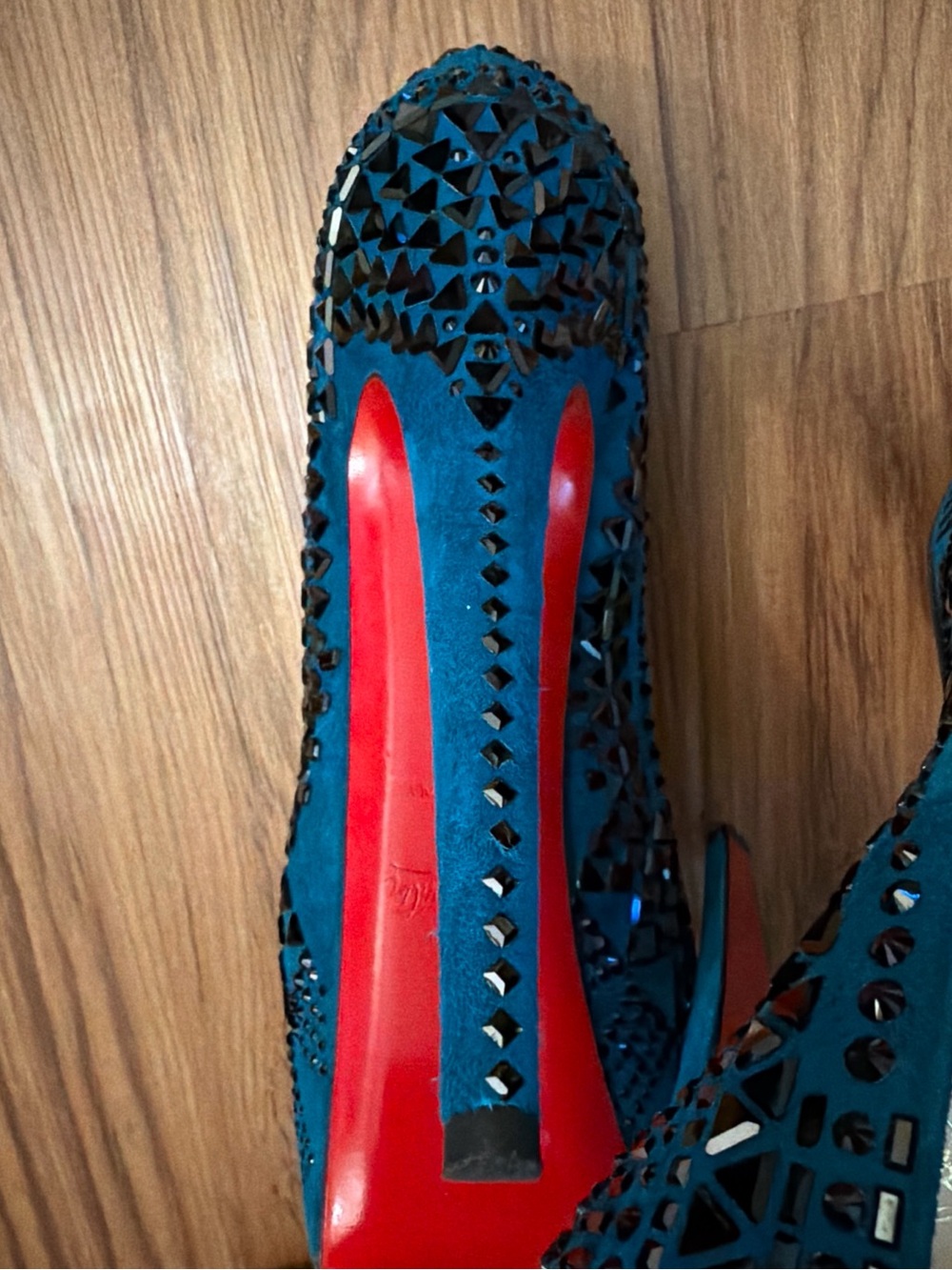 Christian Louboutin Decora Strass Teal Blue Suede Crystal Platform Pumps 38 - Picture 7 of 13